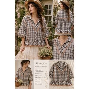 Boutique Plaid Ruffle Top Prairie Cowgirl Cottagecore Oversized Small